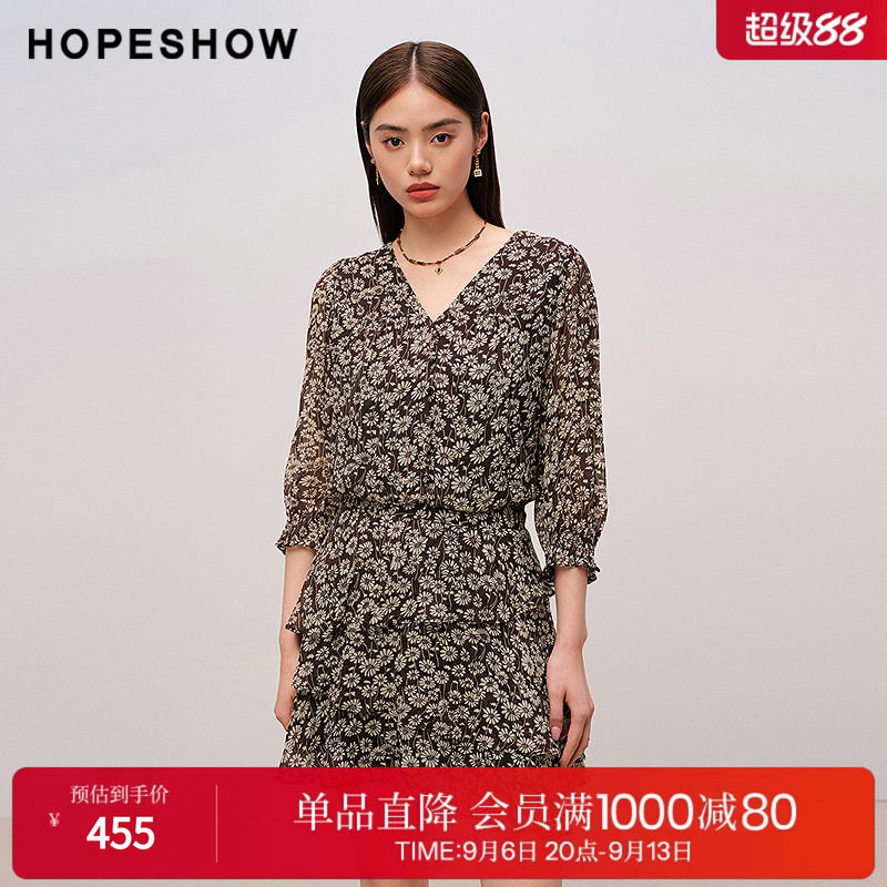 红袖2025秋季新款女装 花卉印花不对称荷叶边拼接中袖V领连衣裙