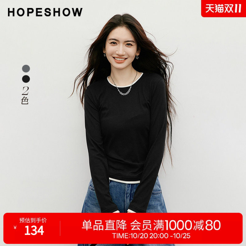 红袖2025秋季新款女装 MIU系假两件撞色拼接正肩长袖圆领套头上衣