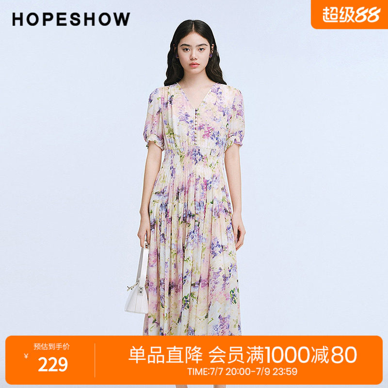 红袖2025夏季新款女装 花卉印花松紧打揽泡泡袖V领中长连衣裙