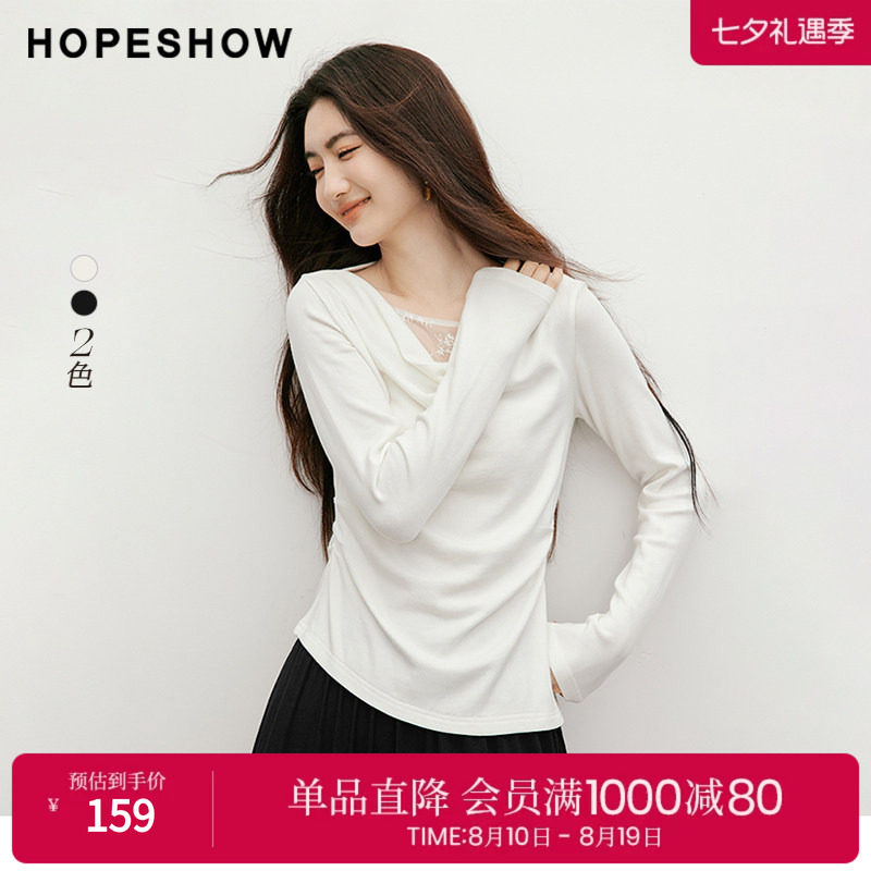红袖蕾丝拼接不对称荡领T恤女