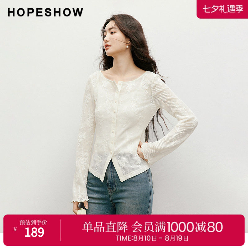 红袖2025秋季新款女装 蕾丝绣花木耳边开叉正肩长袖圆领套头上衣