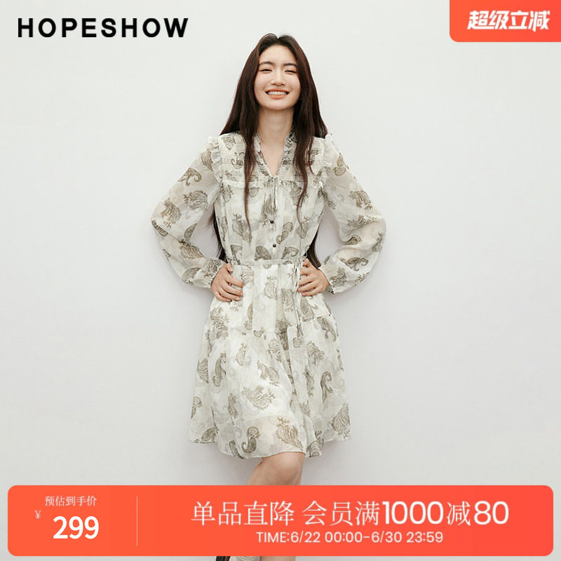 红袖2025秋季新款女装 【蔓染之韵】印花木耳边串珠系带连衣裙