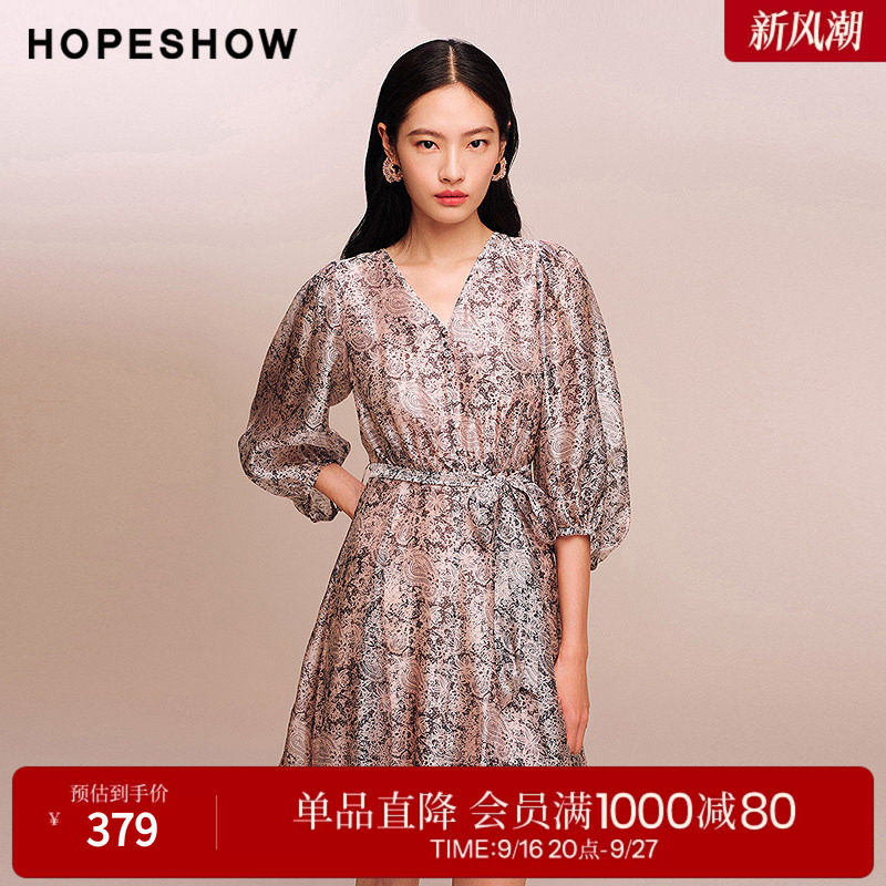红袖2025秋季新款女装 佩斯利印花系带正肩中袖V领侧拉链连衣裙