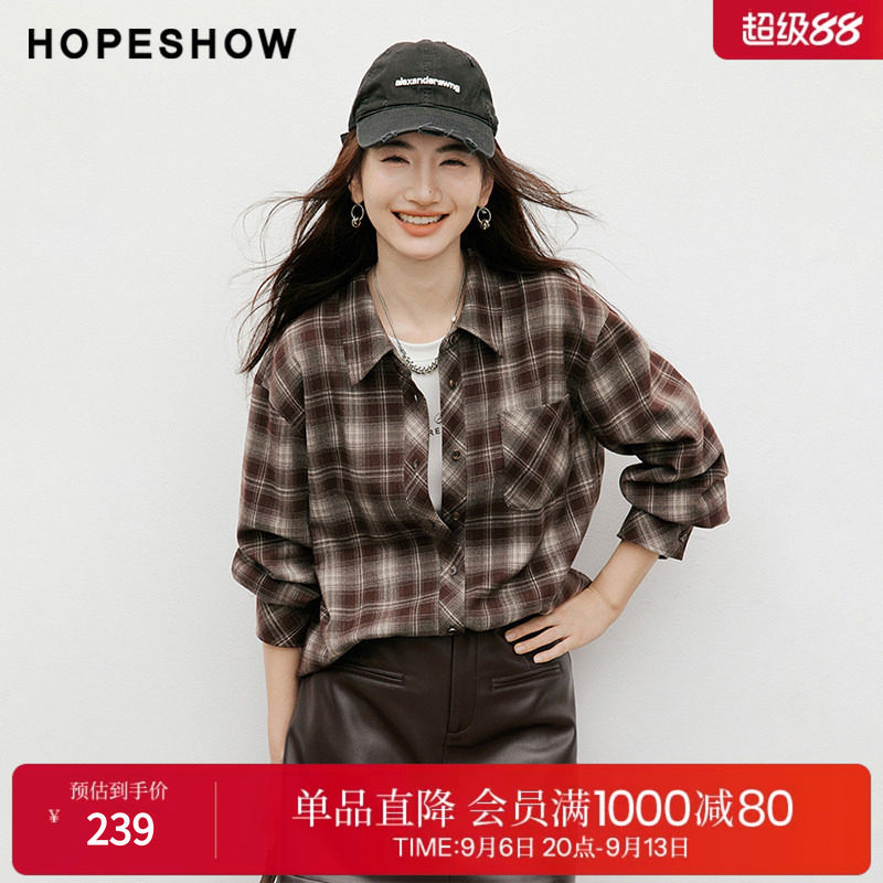 红袖复古格纹不对称单排扣衬衫