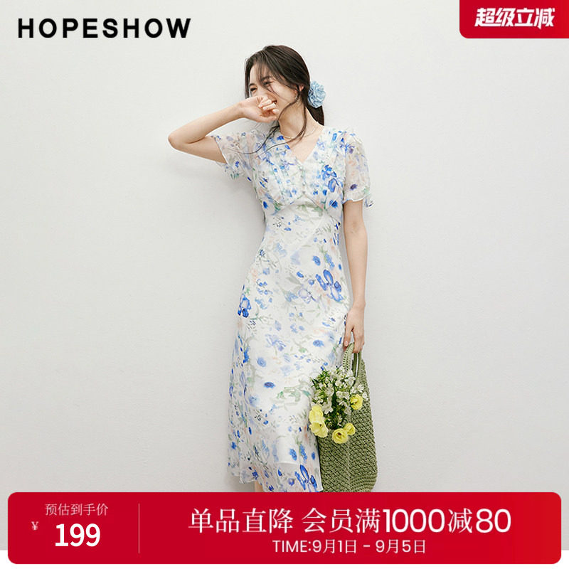 红袖2025夏季新款女装【海蓝花屿】泡泡袖收腰V领套头雪纺连衣裙图片