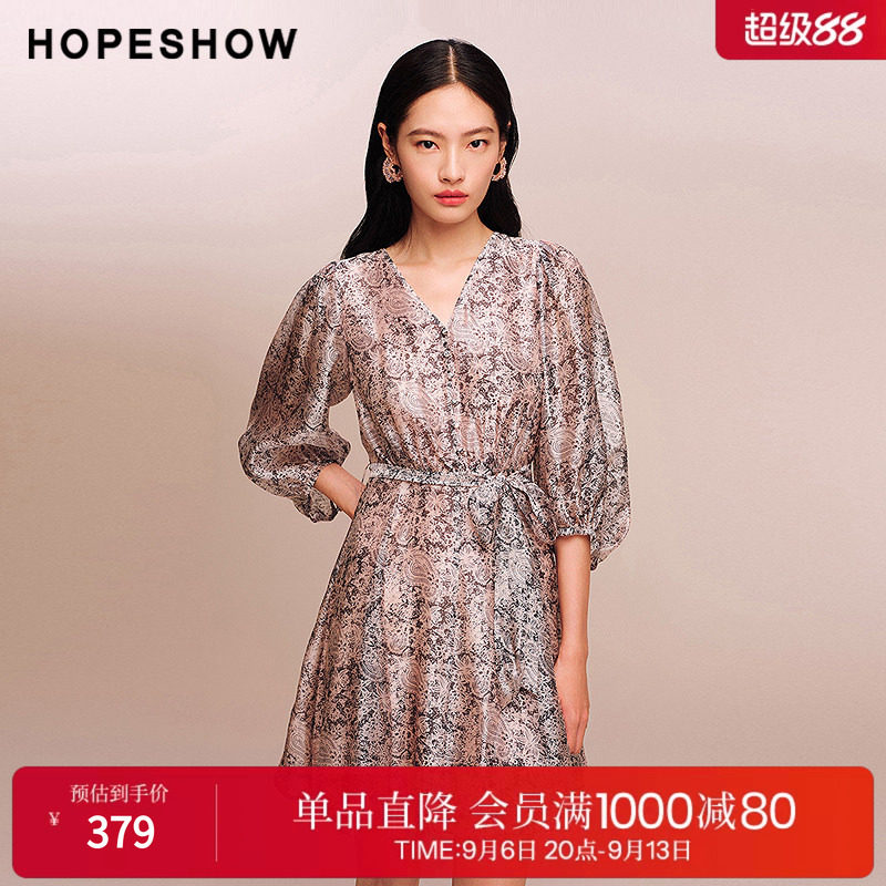 红袖2025秋季新款女装 佩斯利印花系带正肩中袖V领侧拉链连衣裙