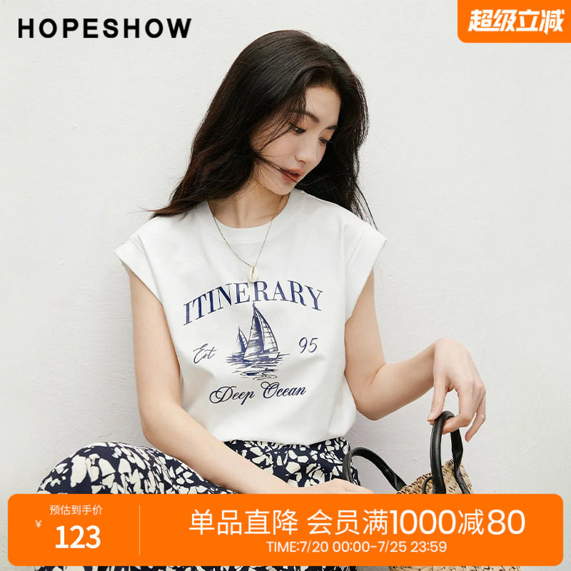 红袖2025夏季新款女装 帆船主题印花H型小飞袖圆领套头T恤