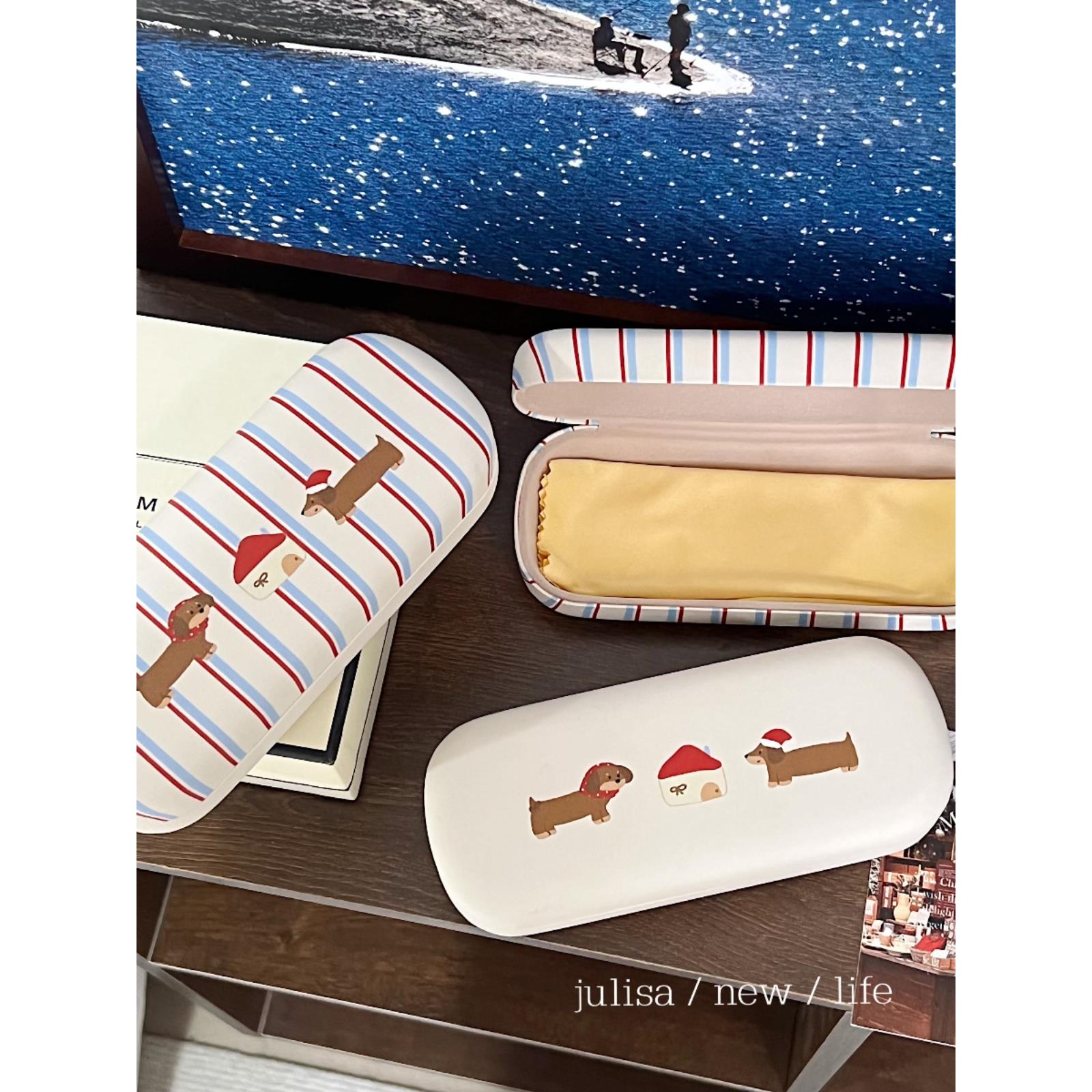 原创自制插画帽子小狗近视眼镜盒腊肠狗皮革便携眼镜收纳盒情侣款