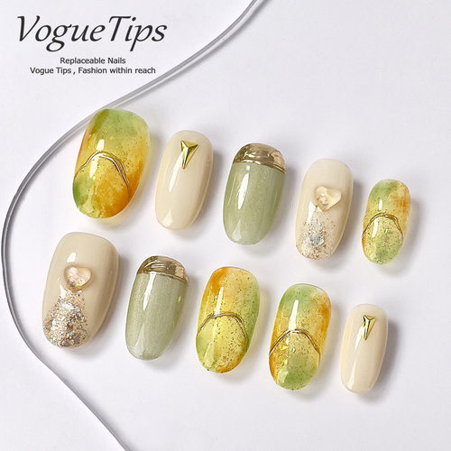 VogueTips 春心手工短款穿戴甲黄绿高级感成人美甲贴短椭圆ZB533