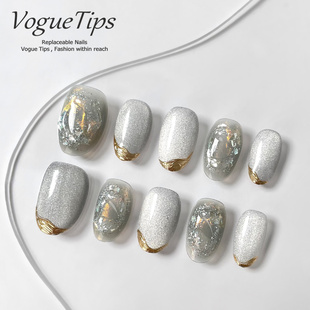 VogueTips 银砂月影简约ins风穿戴甲银灰显白手工美甲片短圆ZB609