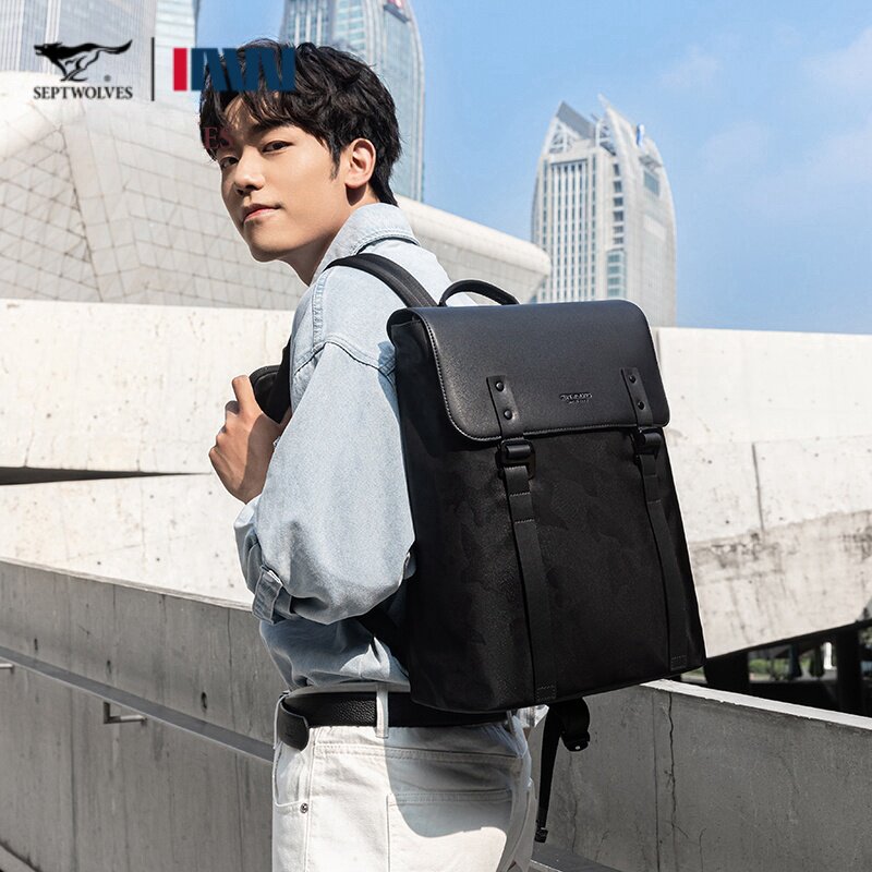 七匹狼狼族履途双肩包男士背包翻盖大容量出差旅行商务轻便电脑包