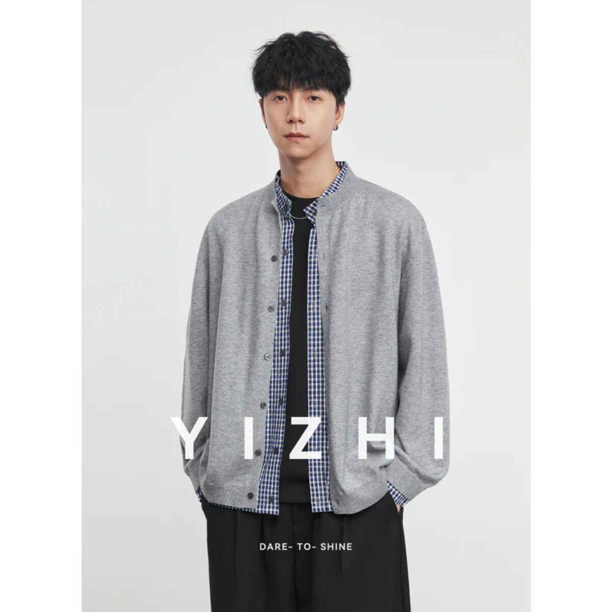 亦止男装春秋季假两件圆领针织开衫毛衣千鸟格男休闲宽松衬衫时尚