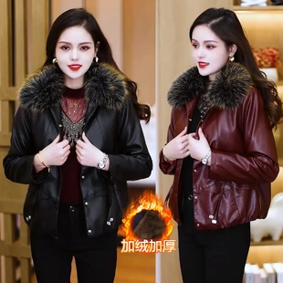 石峰区妮可服饰商行加绒带毛领款短款时尚皮衣女加厚夹克带毛领