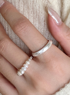 韩版小众设计珍珠碎银几两串珠戒指女2023年新款素戒开口食指戒指