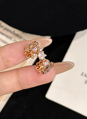 中古vintage镂空拉丝鸢尾花纹开口戒指小众轻奢叠戴指环女感