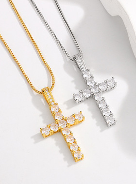 不锈钢马思维同款十字架满钻嘻哈钛钢镶锆石简约吊坠夏季男士项链