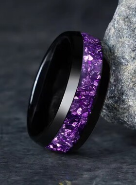 跨境爆款不锈钢戒指优雅蓝紫色星空花卉戒指简约镶嵌男式指环