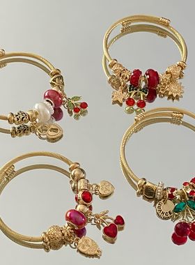 潘家新款不锈钢串珠可调节手镯草莓樱桃吊坠仙女个性百搭闺蜜手环