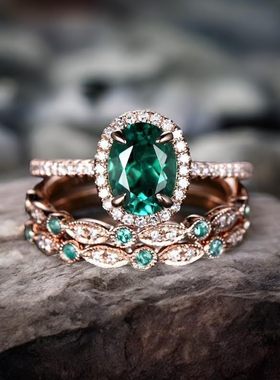 ins网红同款三合一祖母绿叠层戒指个性创意叠戴情侣节日礼物手饰