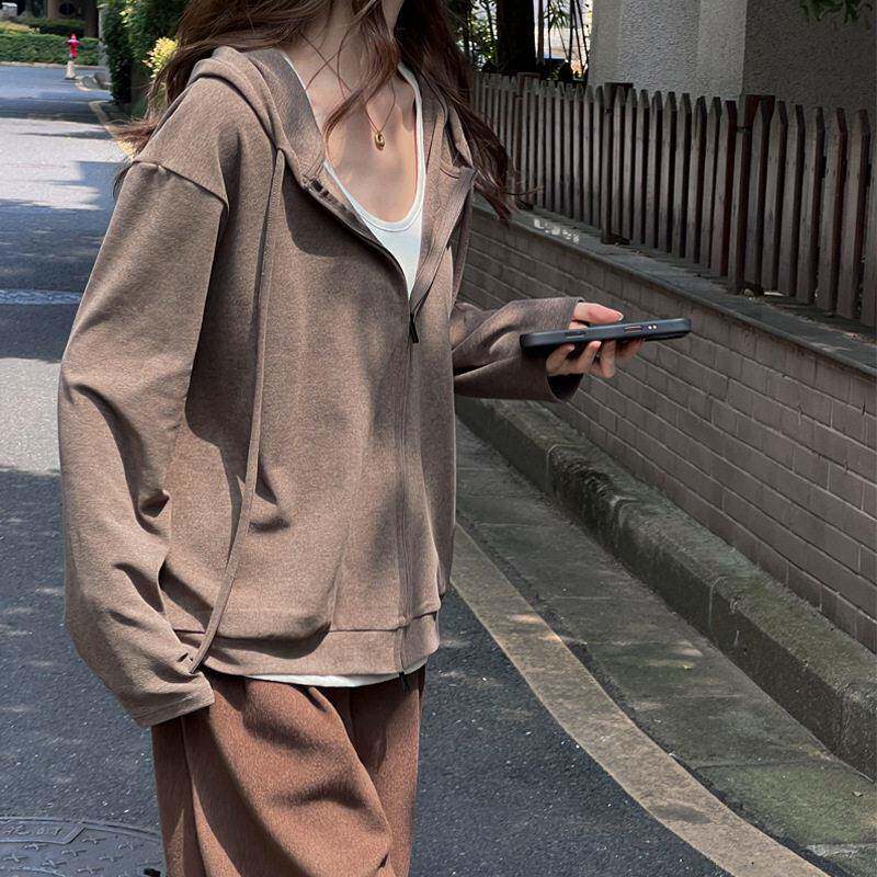 馨之凝早秋季宽松慵懒感拉链开衫长袖女式韩版连帽百搭外套
