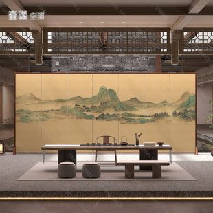 现代简约古典山水屏风折叠移动办公室实木隔断屏风客厅玄关 新中式