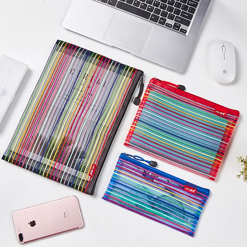 透明文件袋彩色尼龙网纱袋a4拉链迷你补妆包袋可爱韩国学生考试收纳袋a5产检资料收纳袋七彩零钱笔袋定制