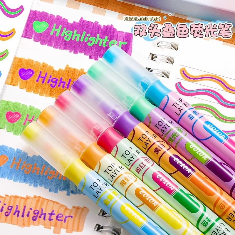 叠色双头荧光笔初中生专用划重点小学生高中生高颜值彩色记号笔做笔记可叠涂可擦标记手帐笔一整套粗细头