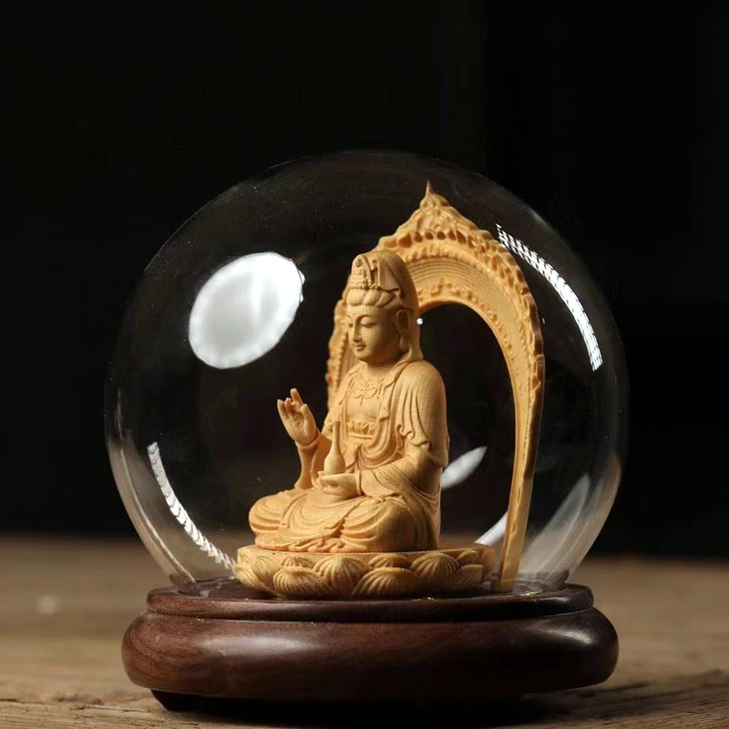 玻璃罩发光佛像摆件小号木雕球形罩家居玄关饰品观音如来妈祖关公