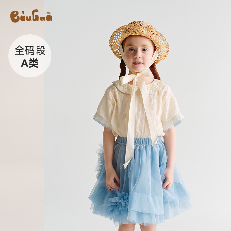 25新品A类娃娃领宽松短袖衬衣女童春夏薄款