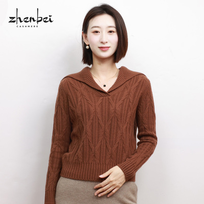 ZB/珍贝纯山羊绒100%翻领女衫