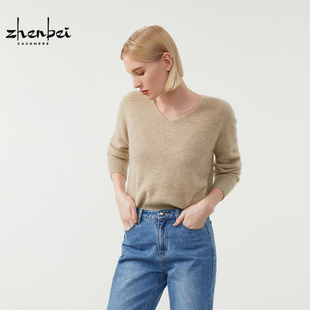 舒适旗 百搭时尚 品山羊绒100%V领简约女衫 H71061R 珍贝秋冬新款