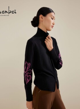 ZB/珍贝秋冬款羊绒衫半高领嵌花拉链女开立领衫上衣通勤旗/55966