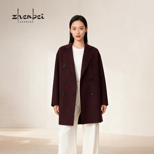 外套纯色百搭旗 100%羊绒女大衣中款 99416 珍贝2025年秋冬新款