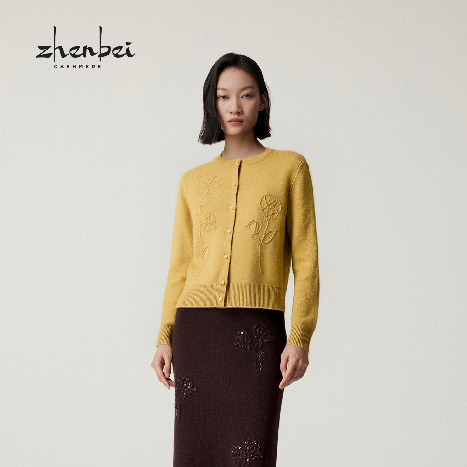 ZB/珍贝2025年秋冬新款品山羊绒圆领绣花女开衫时尚通勤旗/56373