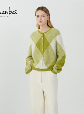 ZB/珍贝秋冬新款品山羊绒绒圆领菱格女开衫时尚百搭通勤旗/55697Q