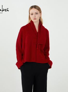 ZB/珍贝秋冬新款品新年红羊绒V领国色天香女开衫时尚百搭/h81099