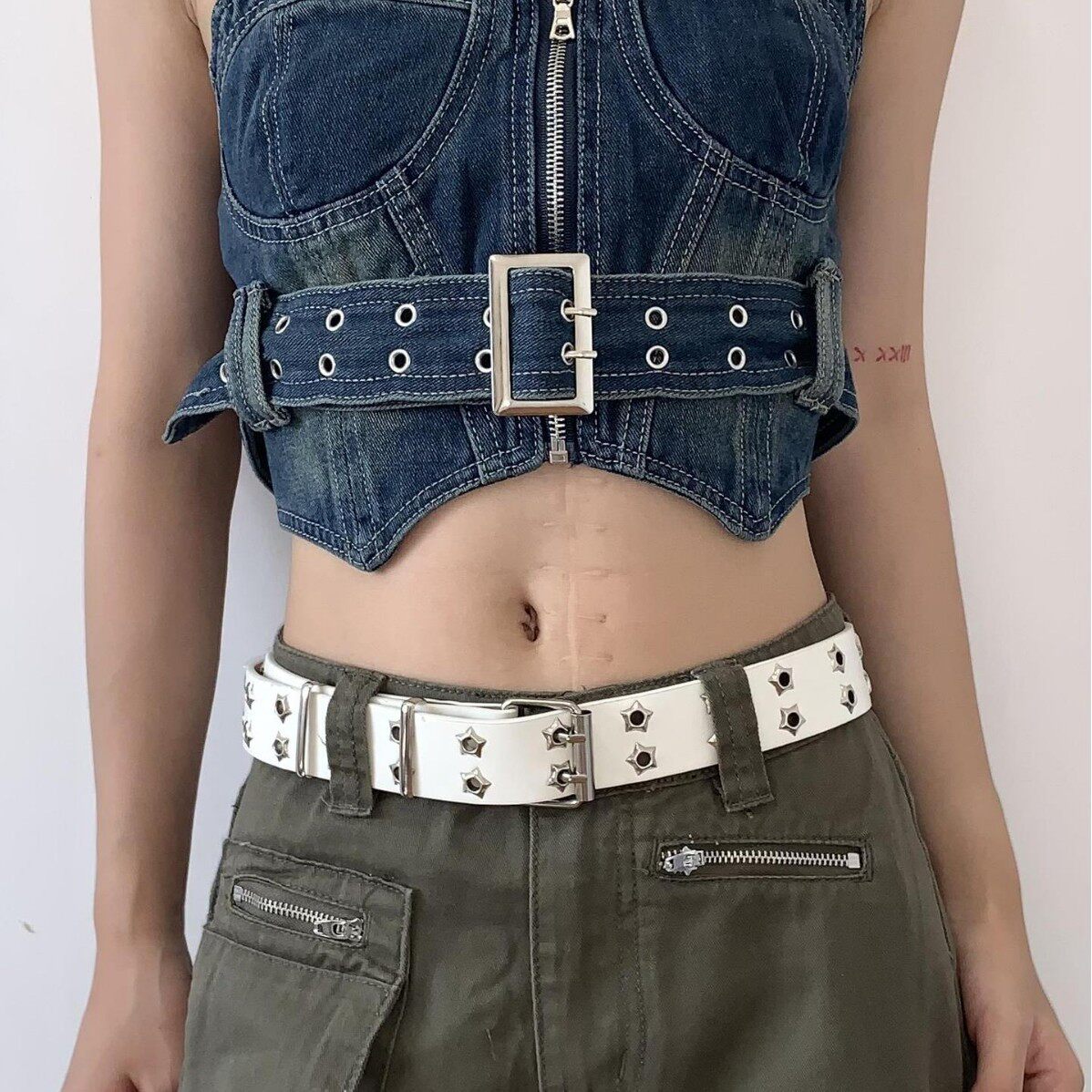 腰带男女士ins辣妹暗黑双排扣金属链条装饰百搭朋克牛仔裤皮带潮
