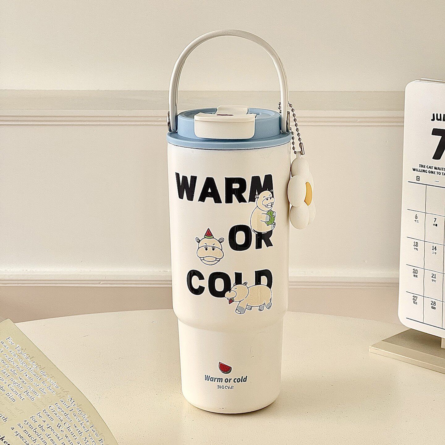 女生高颜值ins风可爱大容量便携手提保温水杯子双饮吸管陶瓷内胆