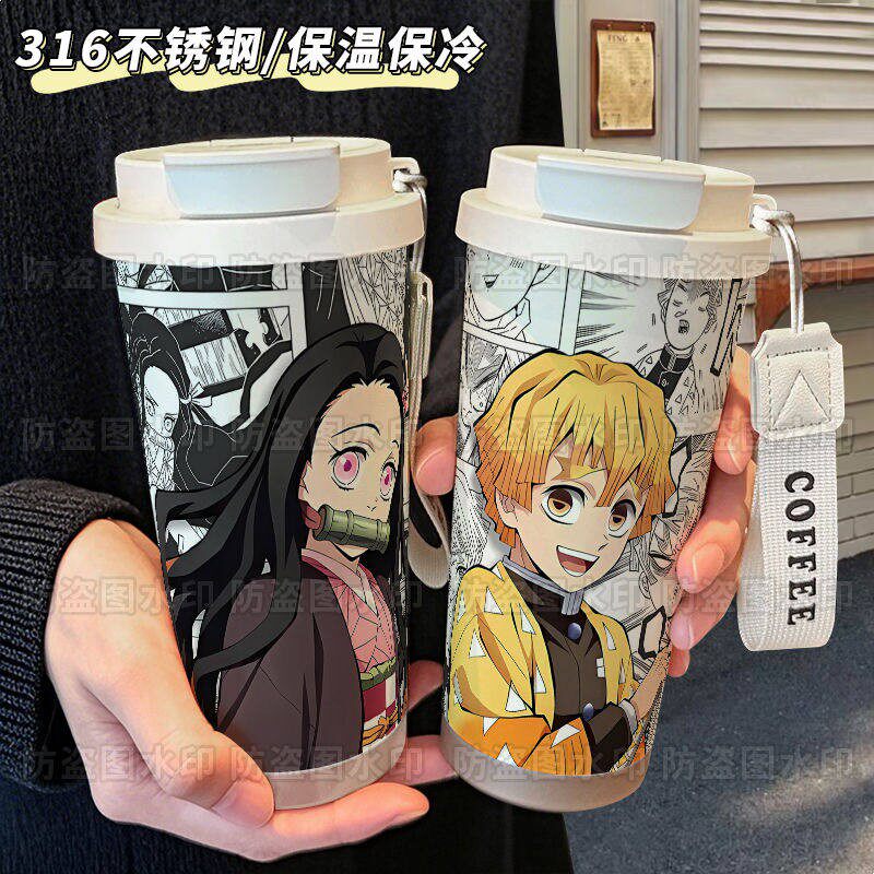鬼灭之刃我妻善逸保温杯316不锈钢大容量提绳吸管水杯车载咖啡杯