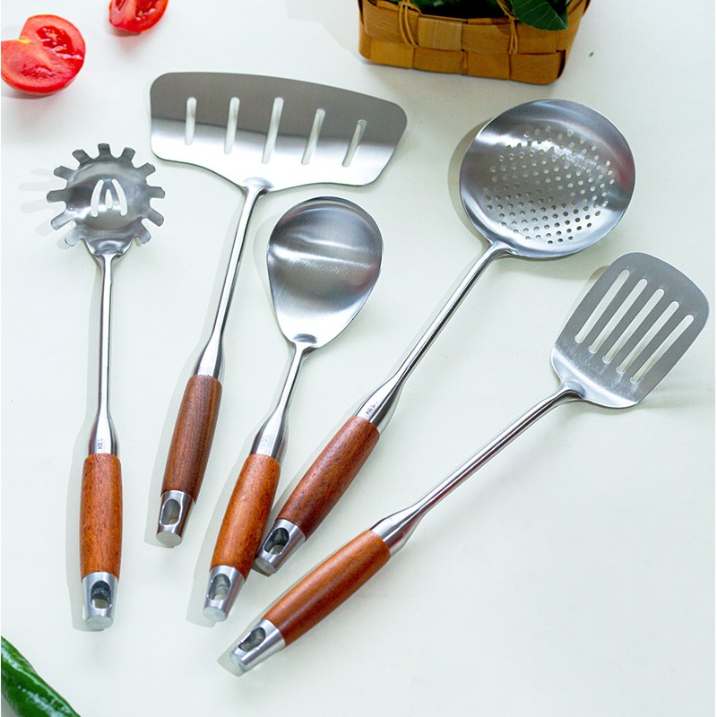 304不锈钢花梨木厨具不锈钢漏勺煎铲防烫锅铲炒菜漏铲套装