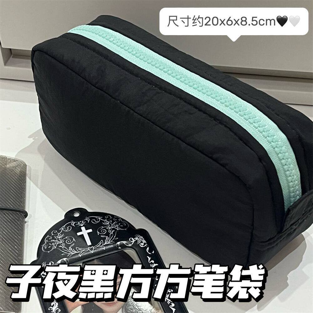 子夜黑方方笔袋高级简约日系纯色学生大容量文具收纳袋