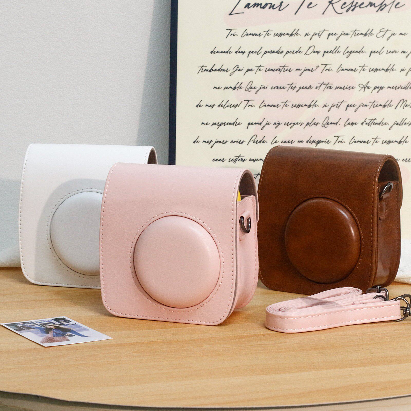 适用富士拍立得mini25相机包纯色复古可爱保护套配斜挎肩带白色粉