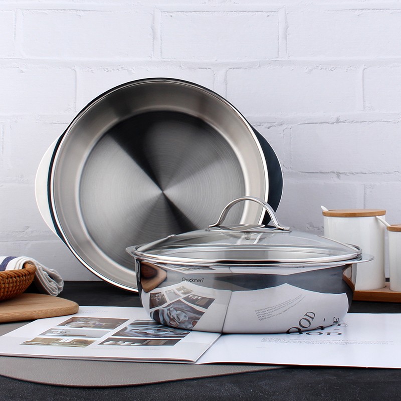 24/28CM笑脸火锅盆18/10不锈钢平底煎锅干锅盘水果盛菜烤盘炖煮煲