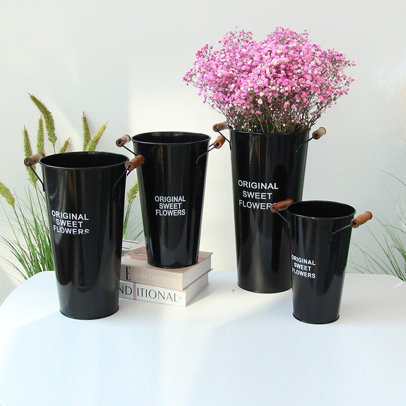 黑色铁皮简约花桶高款落地鲜花花店插花醒花桶服装店橱窗装饰摆设