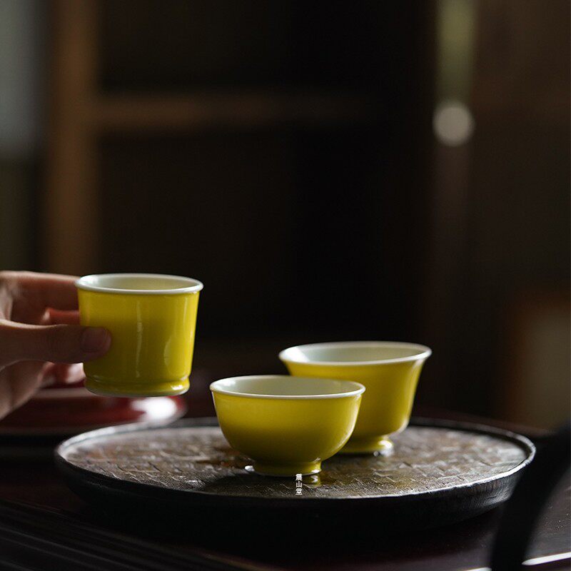 震山堂手工薄胎黄釉主人杯单个大号茶杯品茗杯新款仿古茶器精致