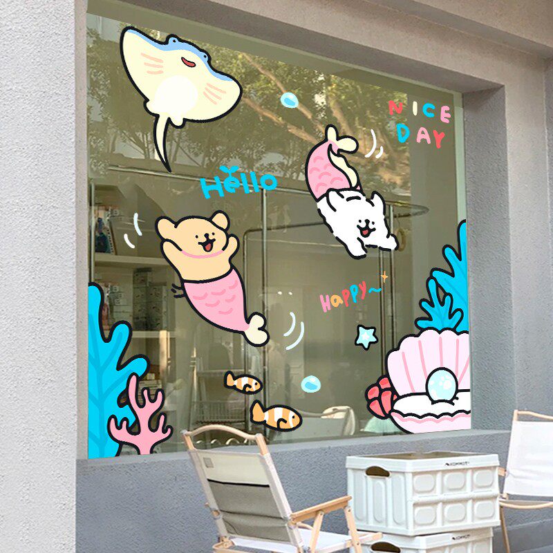 网红线条小狗手绘插画贴纸奶茶甜点店铺玻璃门卡通可爱装饰静电贴