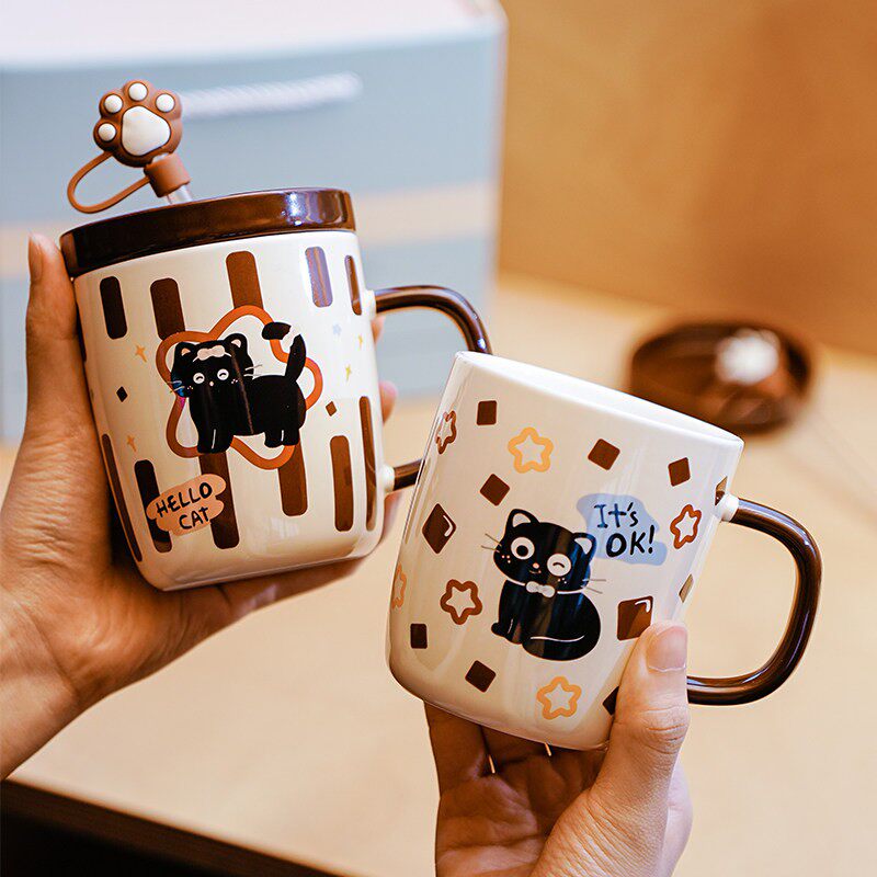 陶瓷马克杯卡通猫咪吸管杯带盖子办公室喝水杯高颜值奶茶杯生日礼