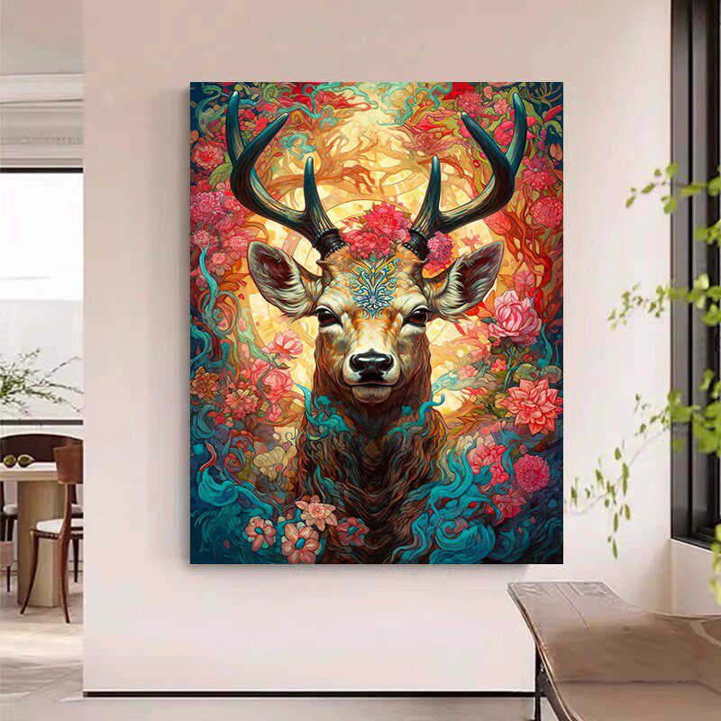 吉祥鹿diy数字油画填充填色油彩画动漫麋鹿发财鹿手工手绘丙烯画