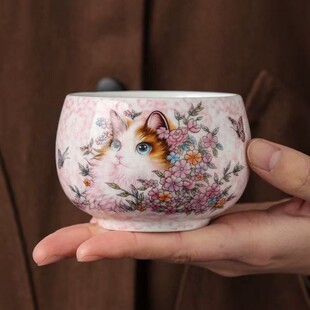 粉汝窑猫咪主人杯单杯女士茶杯子高档家用可养禅定杯w2092