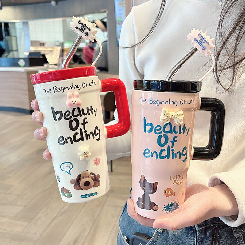 马克杯陶瓷大容量水杯家用喝水带盖高颜值2025新款学生可爱吸管杯